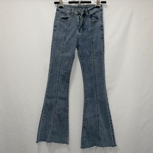 medium washed blue denim flare jeans